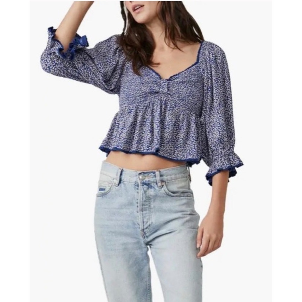 Free People Brittnee Ditzy Floral Print Smocked Bodice Pelum Top Size Small NWT